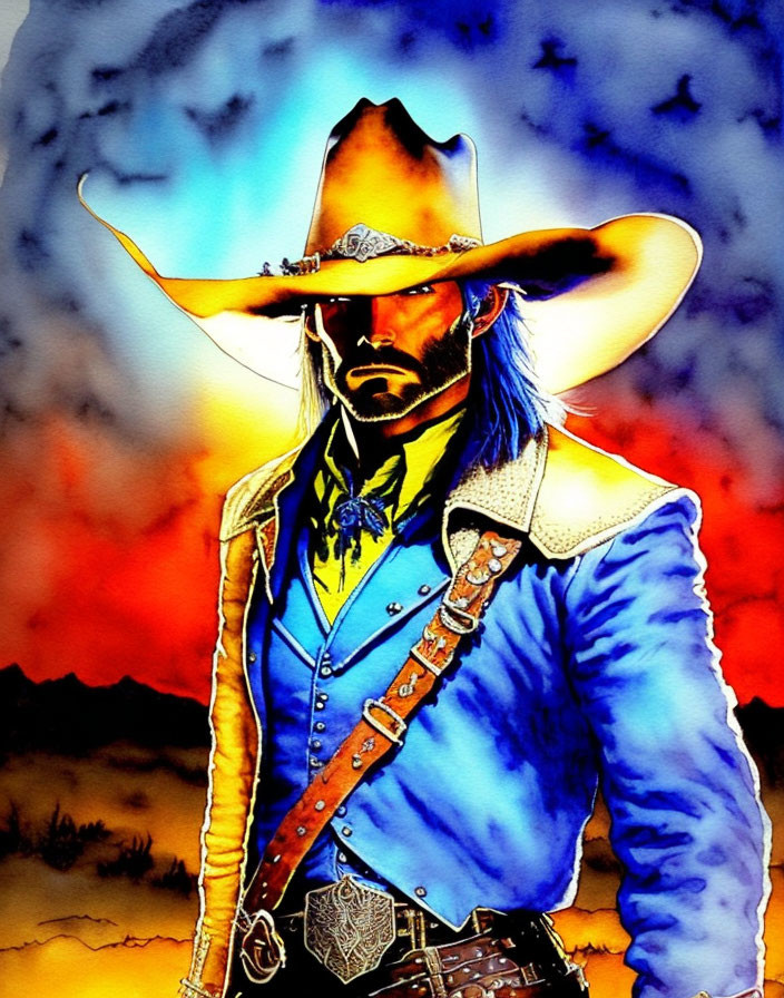 Cowboy illustration with wide-brimmed hat, blue shirt, and gun belt at sunset