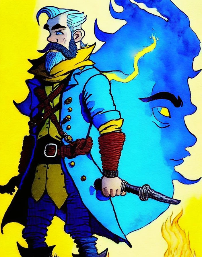 Bearded character in blue coat with yellow cape holding dagger on blue flame backdrop