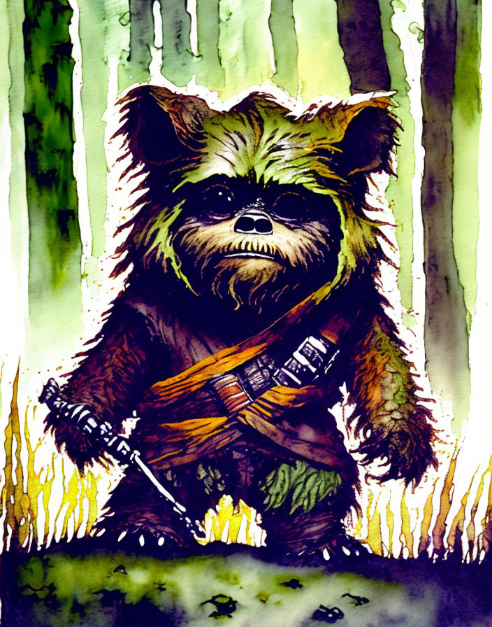 Furry bipedal creature with bandolier in green woodland