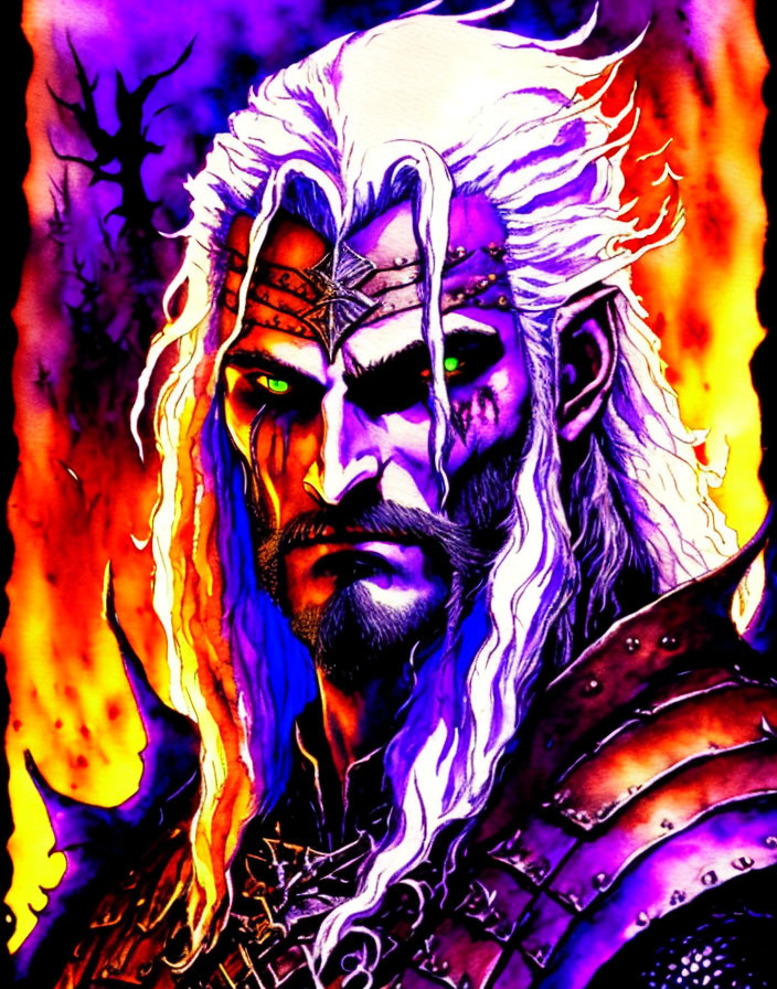 Fantasy warrior with white hair and green eyes in armor against fiery tree backdrop