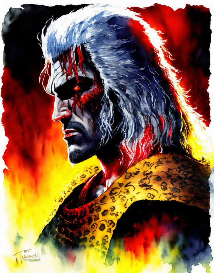 Illustration of man with white hair and red warrior paint on face