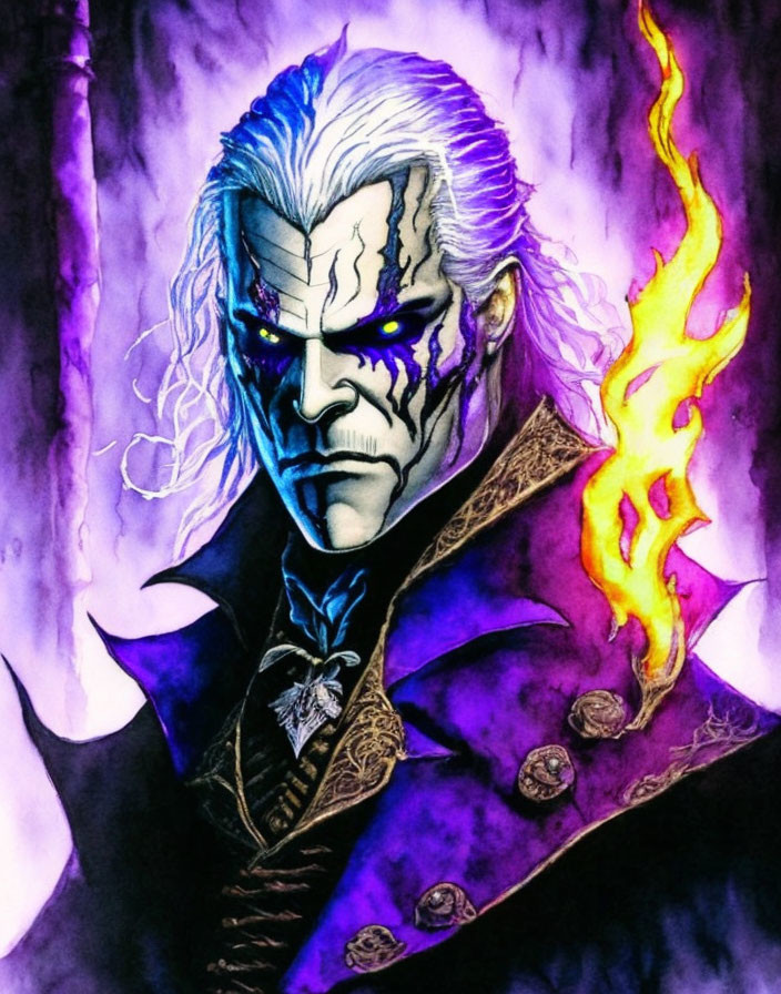 Illustrated character with white hair, scarred face, purple eyes, dark suit, and flaming sword