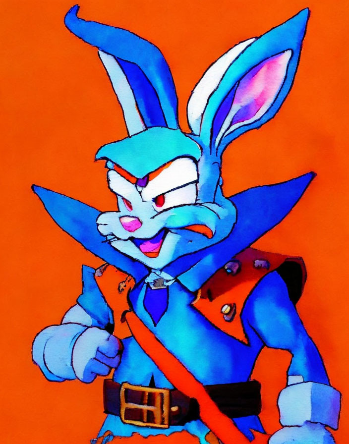 Anthropomorphic blue rabbit in vest and bandolier on orange background