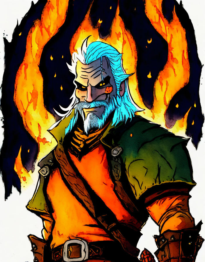 Blue-haired male character with eyepatch and beard in green coat, flames backdrop