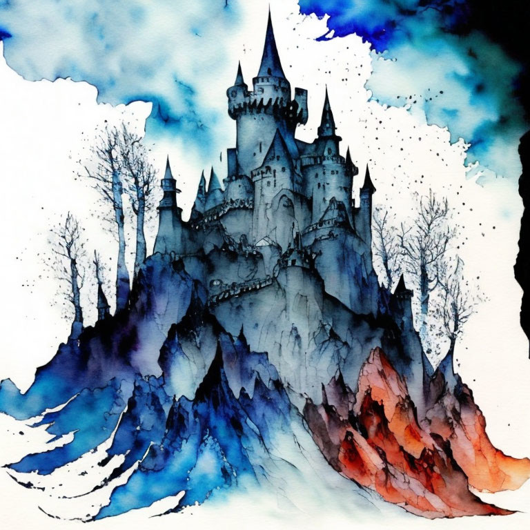 Whimsical castle atop rugged cliffs in vivid watercolor