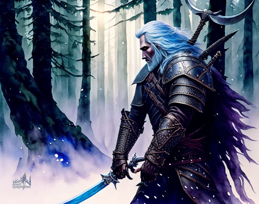 Fantasy warrior with blue hair and armor in misty forest wielding glowing sword