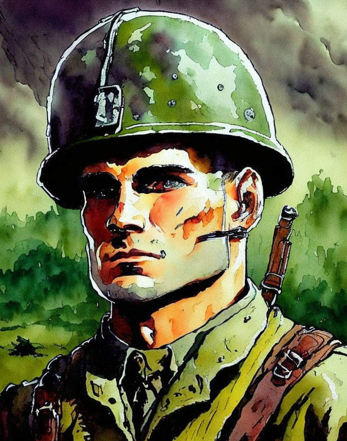 Detailed Watercolor Illustration of Stern-Faced Soldier