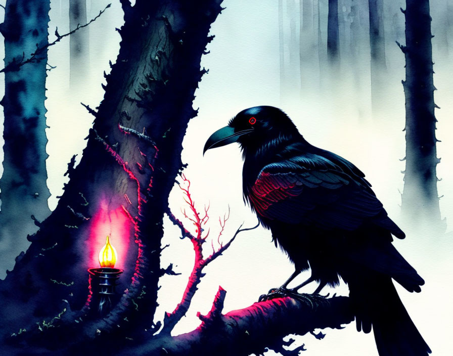 Raven on tree branch with lantern in mystical setting