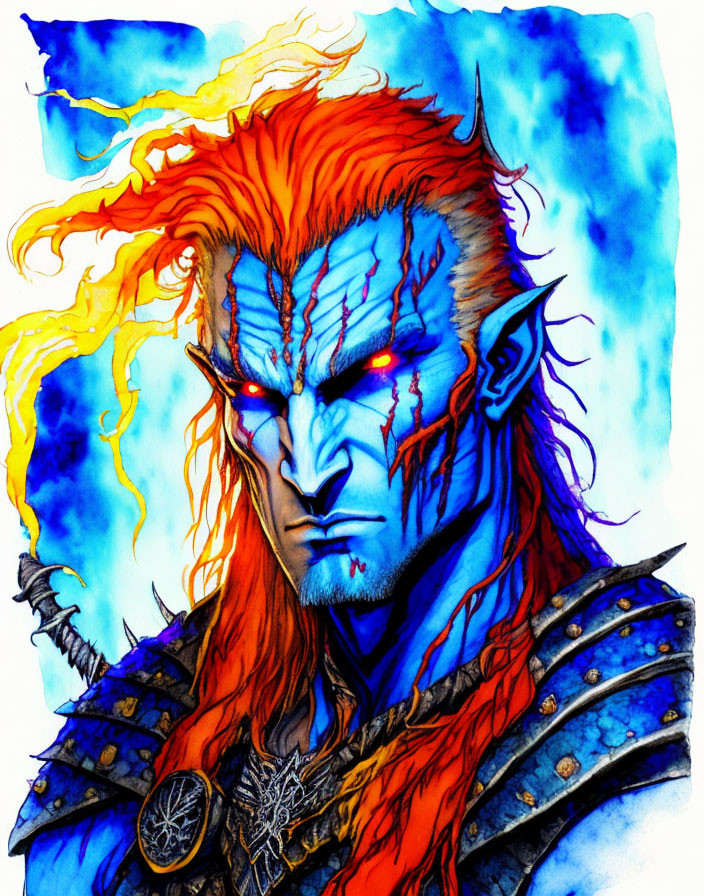 Fantasy male character with blue skin, fiery hair, red eyes, tribal markings, and armor