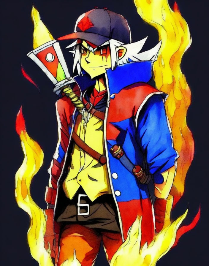 Anime-style character with red hair in blue and red jacket against fiery backdrop