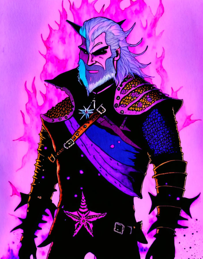 Fantasy character with silver hair, horns, armor, and purple flames.