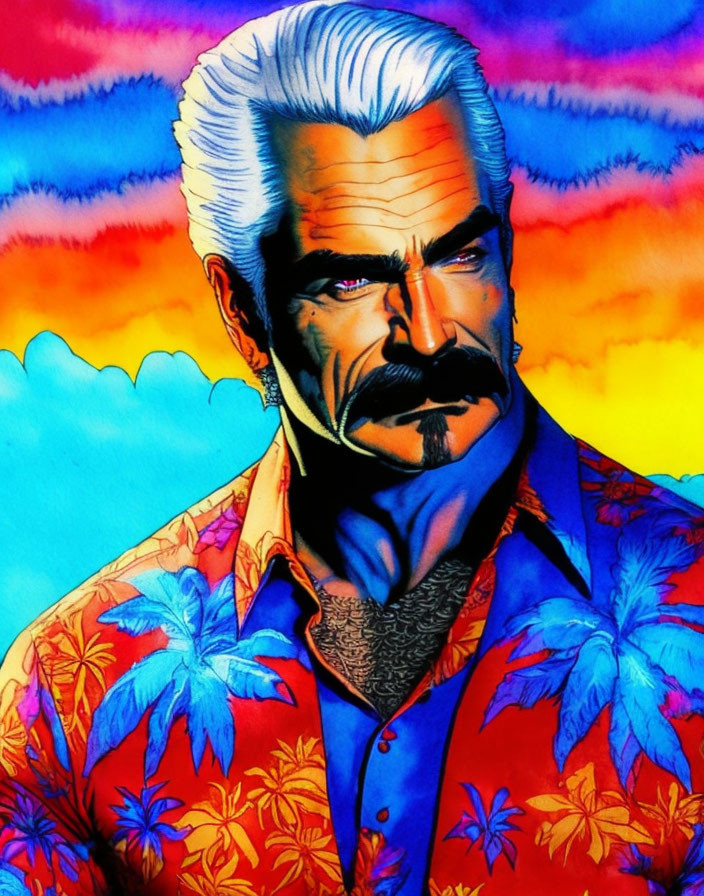 Colorful illustration of rugged man in red Hawaiian shirt