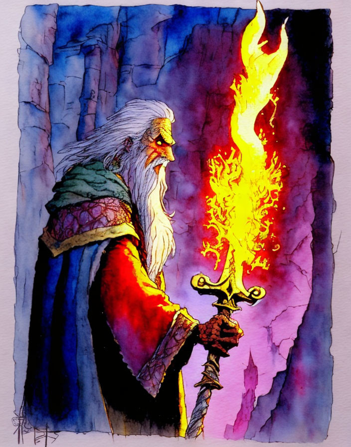 Wizard with long white beard wielding burning sword in rocky landscape