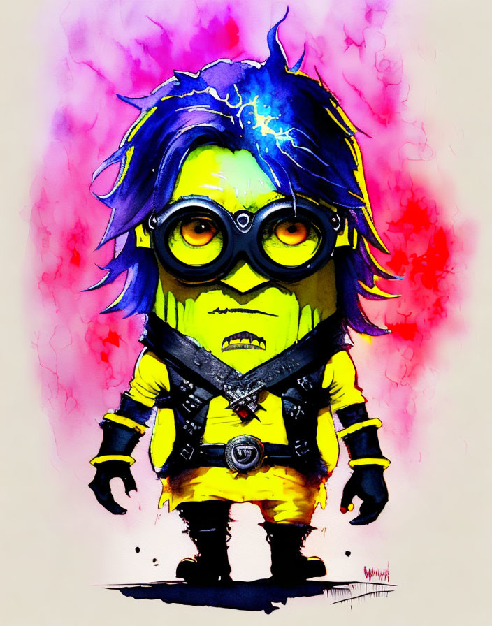 Colorful Cartoon Minion Character with Blue Hair and Goggles