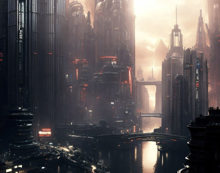 Dystopian cityscape with towering skyscrapers and red lights