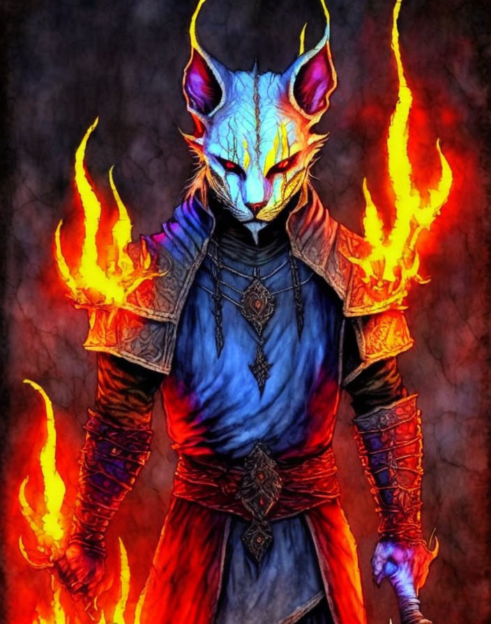 Blue-furred feline warrior in medieval armor surrounded by flames