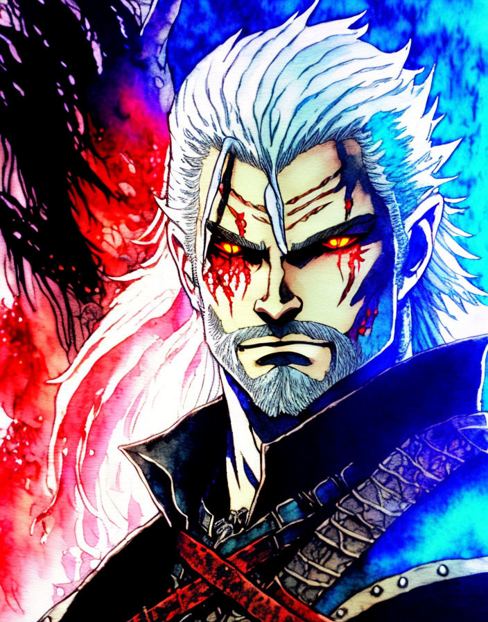 Vibrant illustration of fierce character with white hair, red eyes, and scar on blue and red