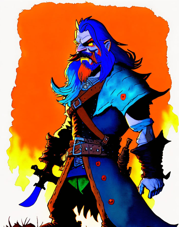 Fantasy character with blue skin, tusks, and sword against orange flame.