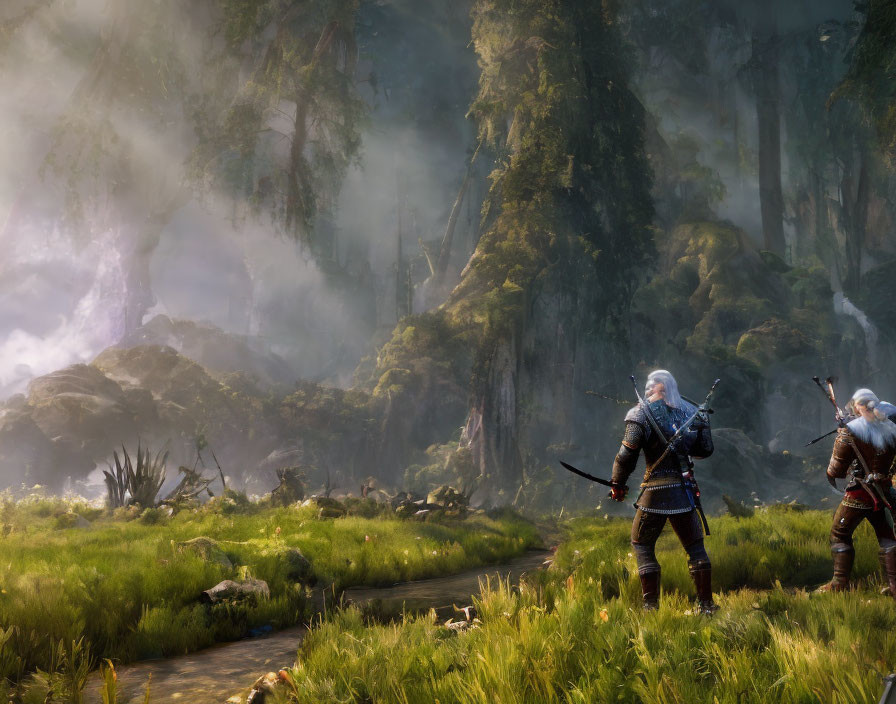 Sword-wielding characters in misty forest with tall trees