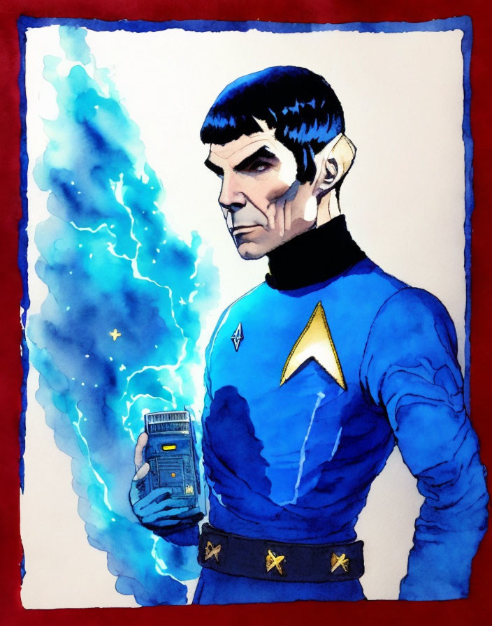 Fictional character in blue uniform with pointed ear holding device in cosmic swirl.