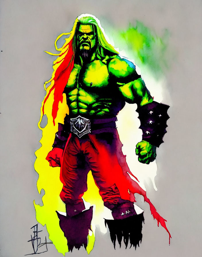 Muscular character with green skin, red pants, flames, and smoke