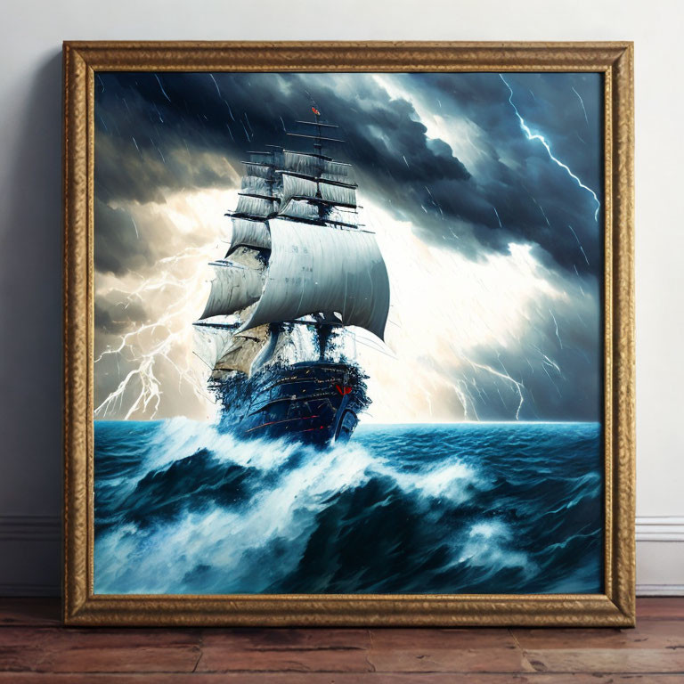 Sailing ship painting in stormy sea with lightning sky