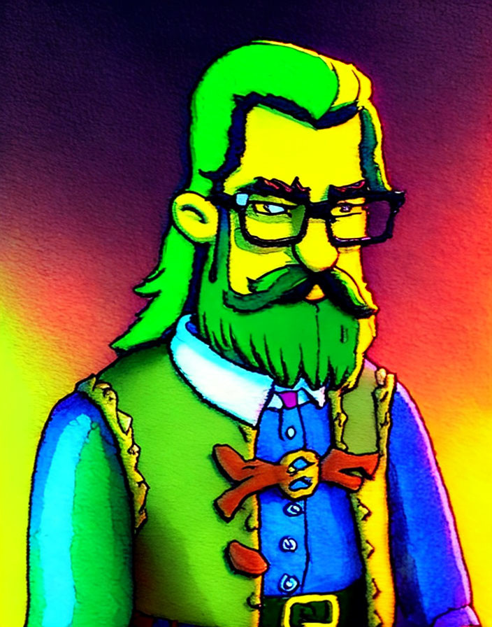 Colorful cartoon illustration of a green-haired bespectacled character in blue shirt and green vest.