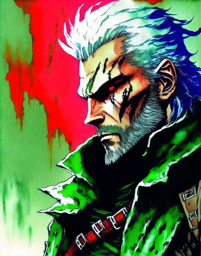 Illustration of male character with silver hair, scar over left eye, green cloak, and red war