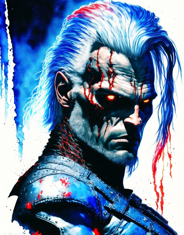 White-Haired Character with Red Eyes in Blue Armor on Dramatic Background