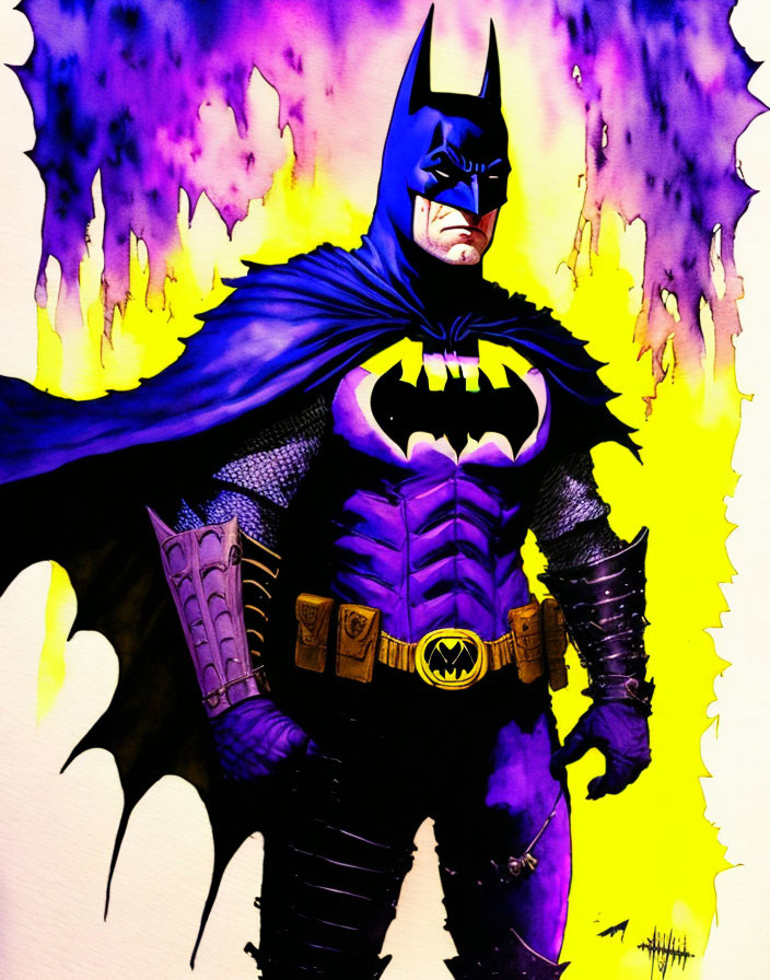 Batman illustration with purple and yellow backdrop and heroic pose