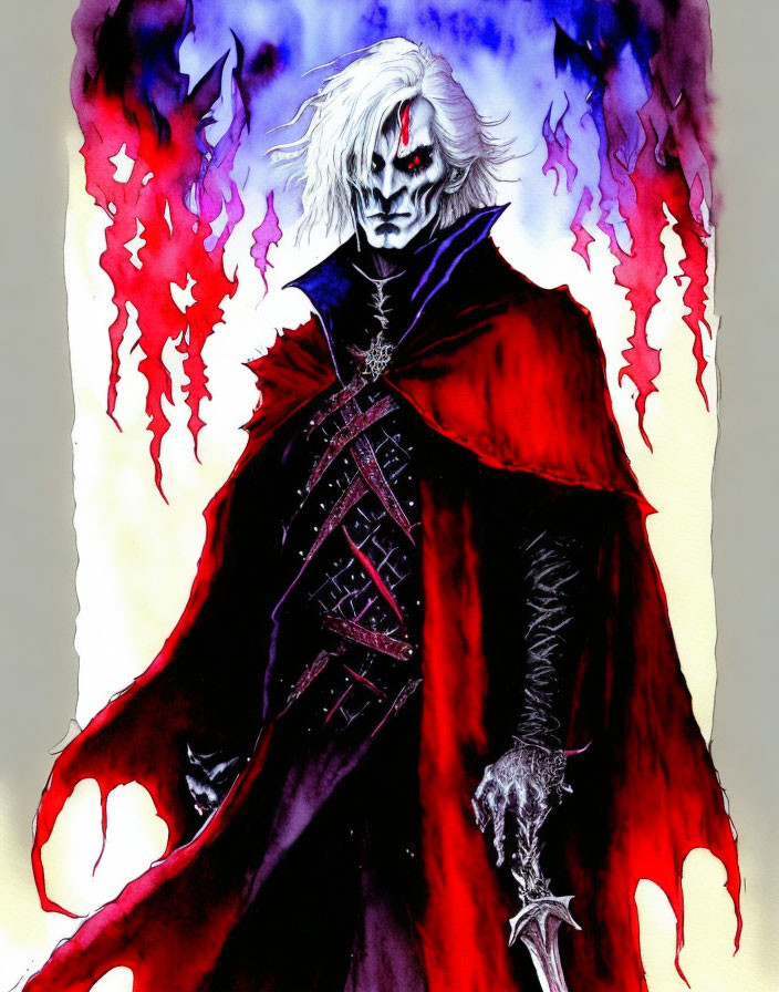 Pale, menacing figure in dark attire with red eye and white hair in eerie setting