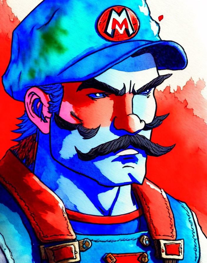 Mario with Blue Cap and Red Overalls in Bold Watercolor Style