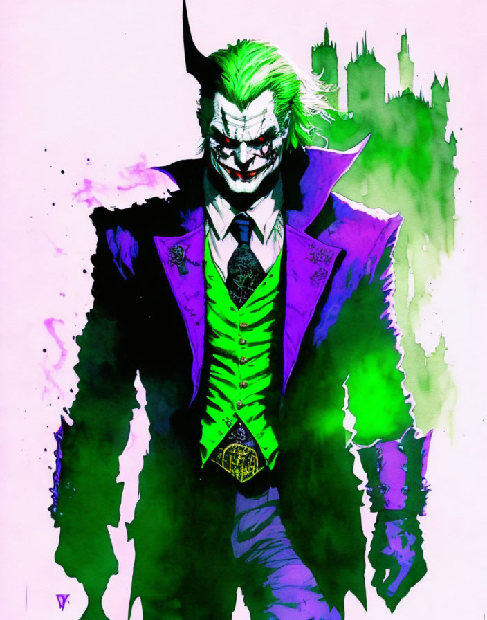 Menacing Joker illustration in purple suit against Gotham backdrop