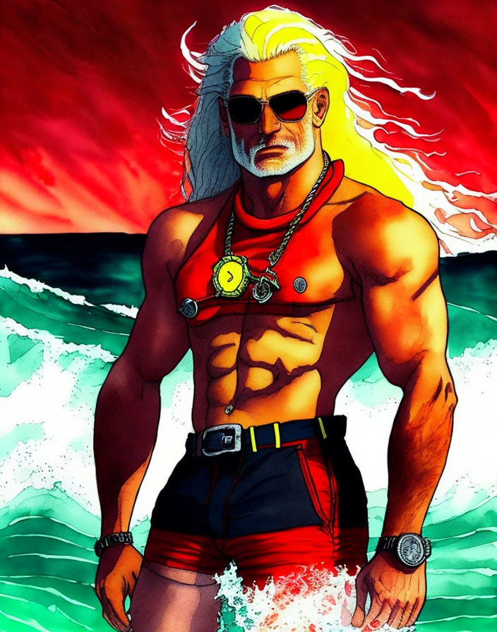 Silver-Haired Character with Sunglasses and Medallions at Sunset