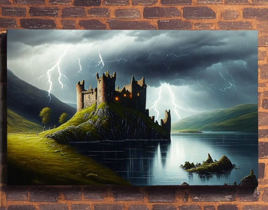 Castle on Hill by Lake Under Stormy Skies with Lightning