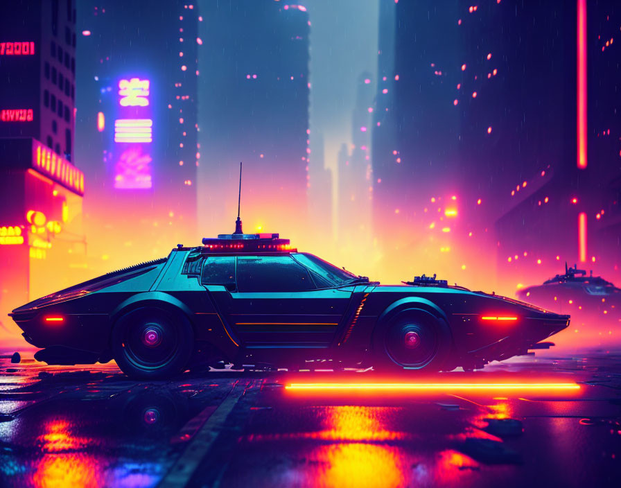 Futuristic car with neon underglow on rain-soaked city street at night