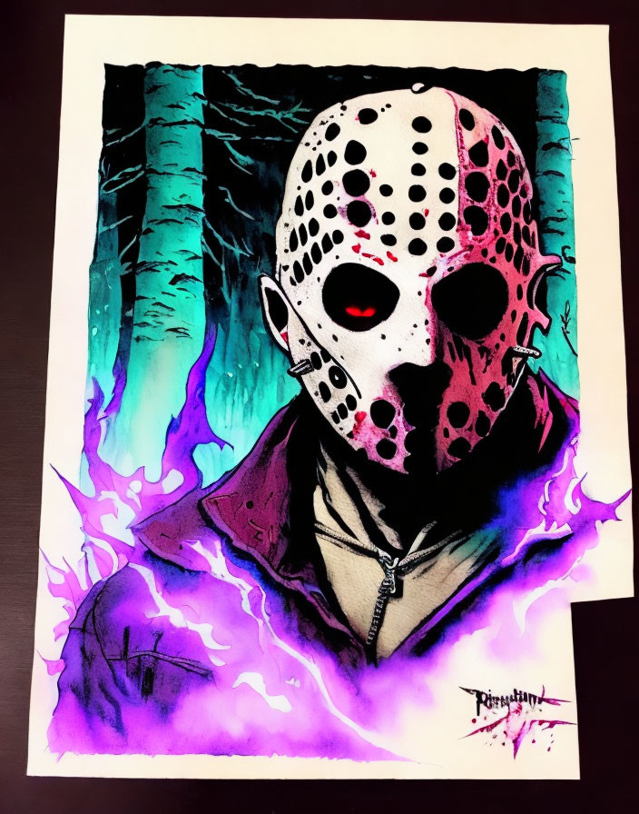 Jason Voorhees in Hockey Mask in Purple Forest