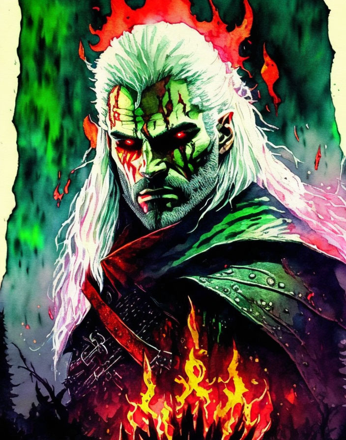 White-Haired Man with Scar in Flames and Green Aura Illustration