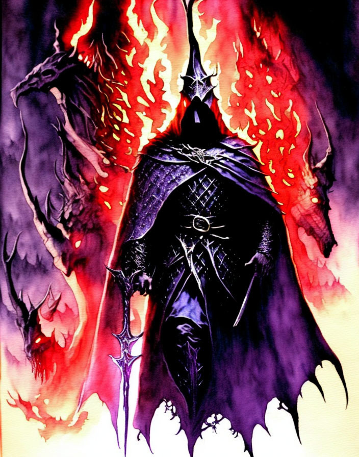 Dark cloaked figure with fiery aura and staff in flames.