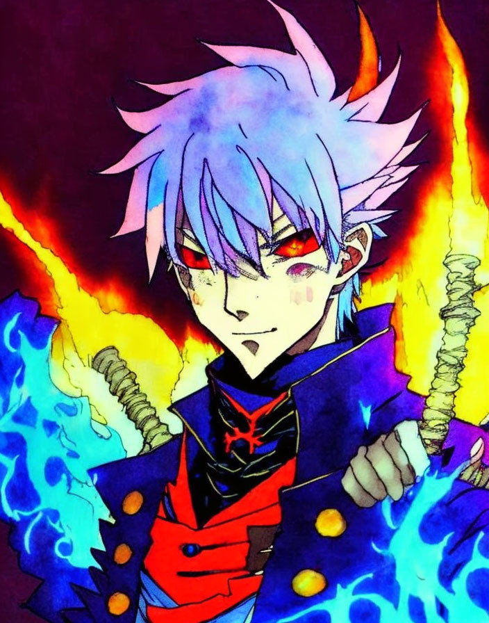 Illustrated character with purple spiky hair, red eye, scar, holding swords in fiery scene