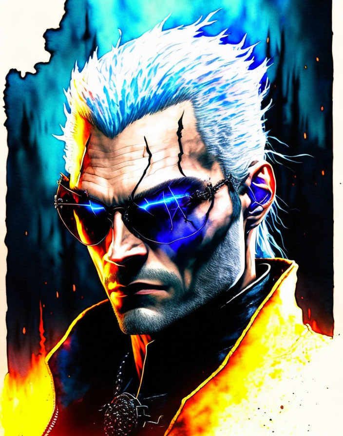 Man with Silver Hair and Futuristic Eye in Flame Background