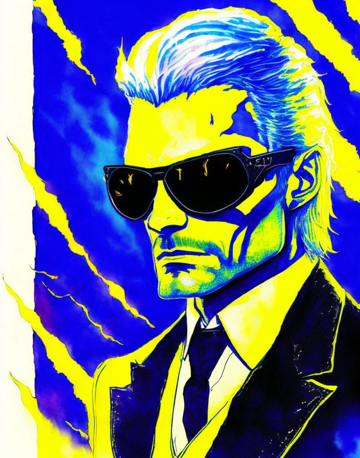 Slicked-back hair man with sunglasses on vibrant lightning-strike backdrop