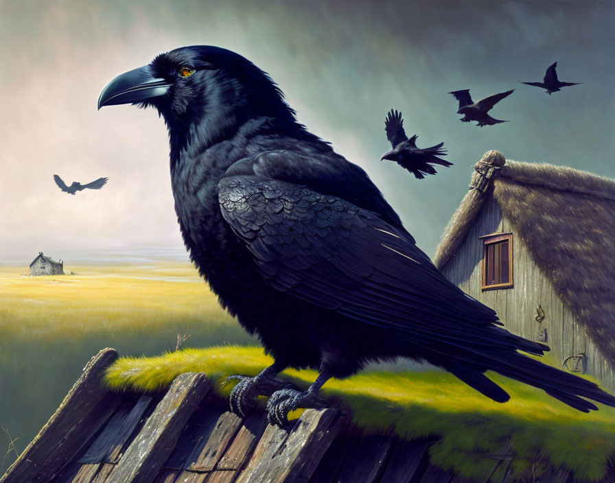 Black raven perched on mossy rooftop with flying companions in moody landscape