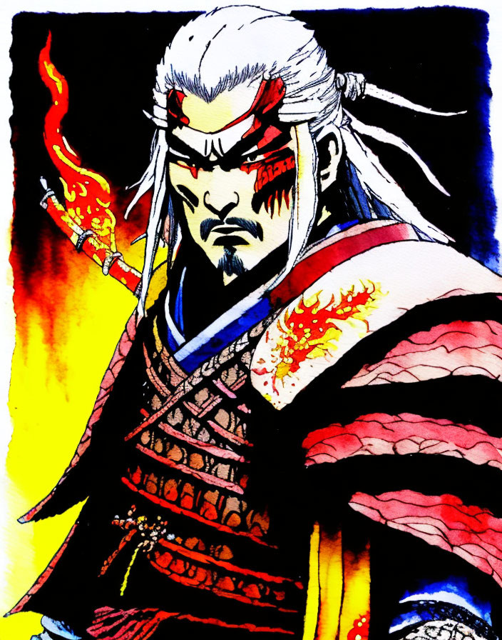 Warrior illustration with headband, white hair, fiery armor, and weapon