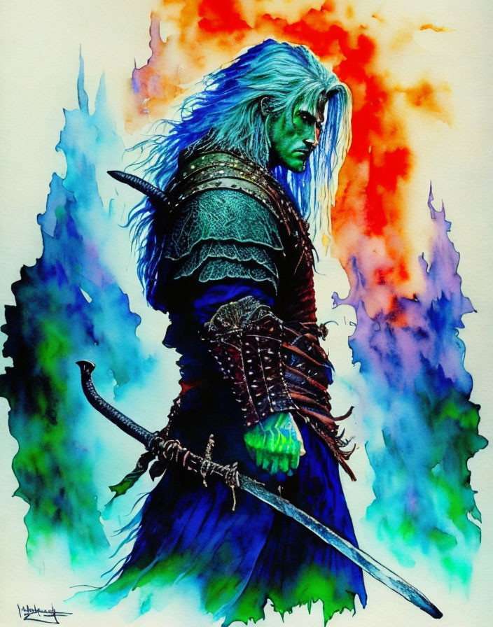 Illustrated warrior in armor with sword on vibrant watercolor background