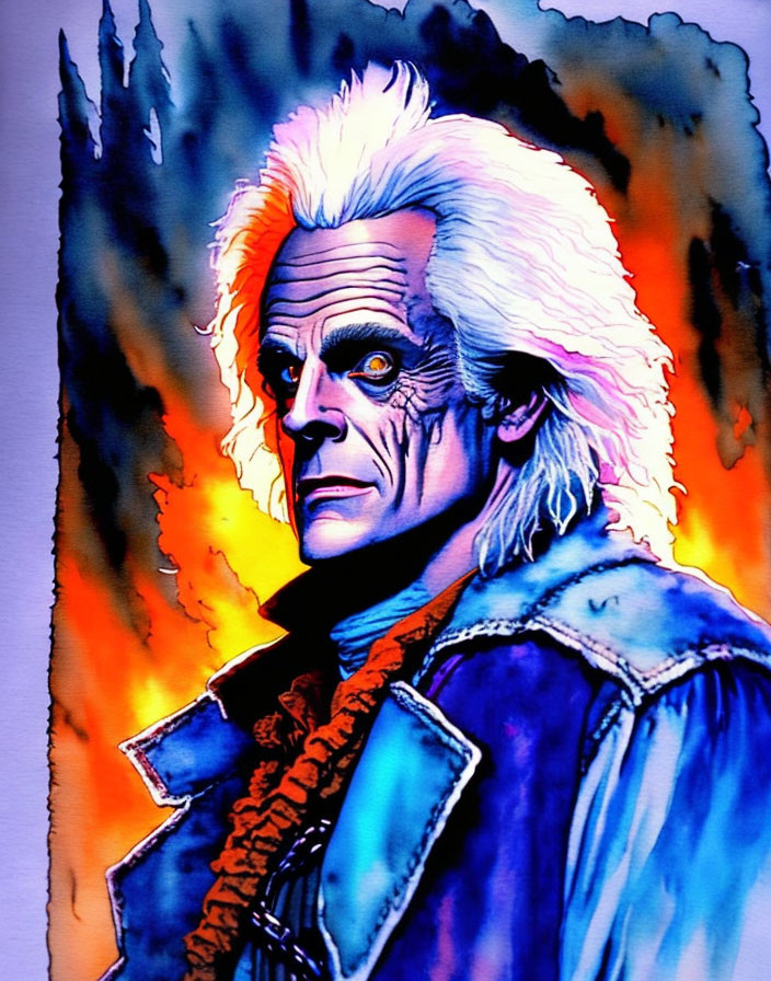 Character with white hair and blue skin in blue coat with orange flames.