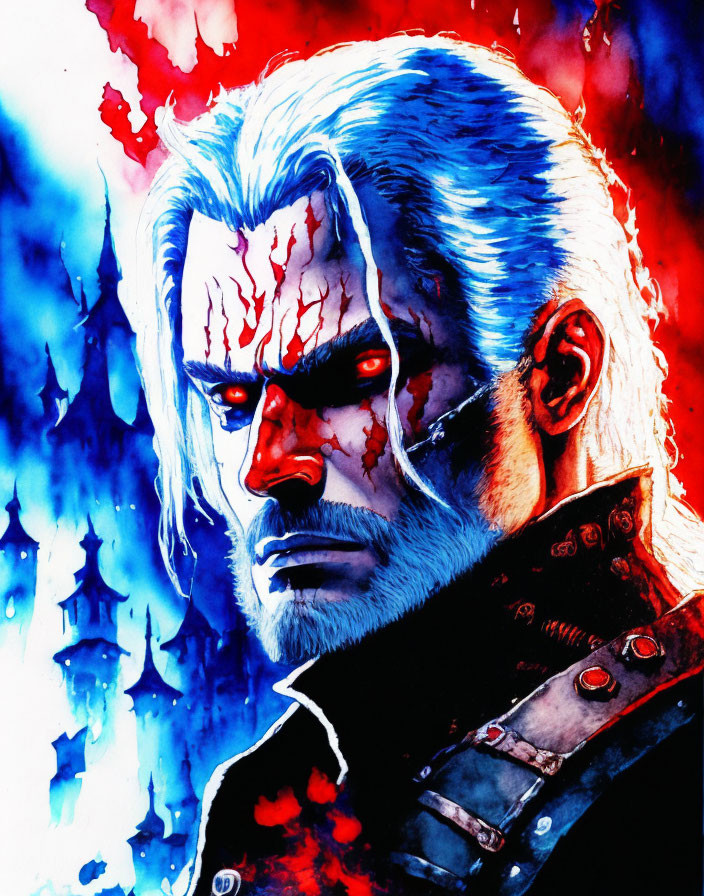 White-haired man with scarred face in intense illustration against crimson and blue backdrop.