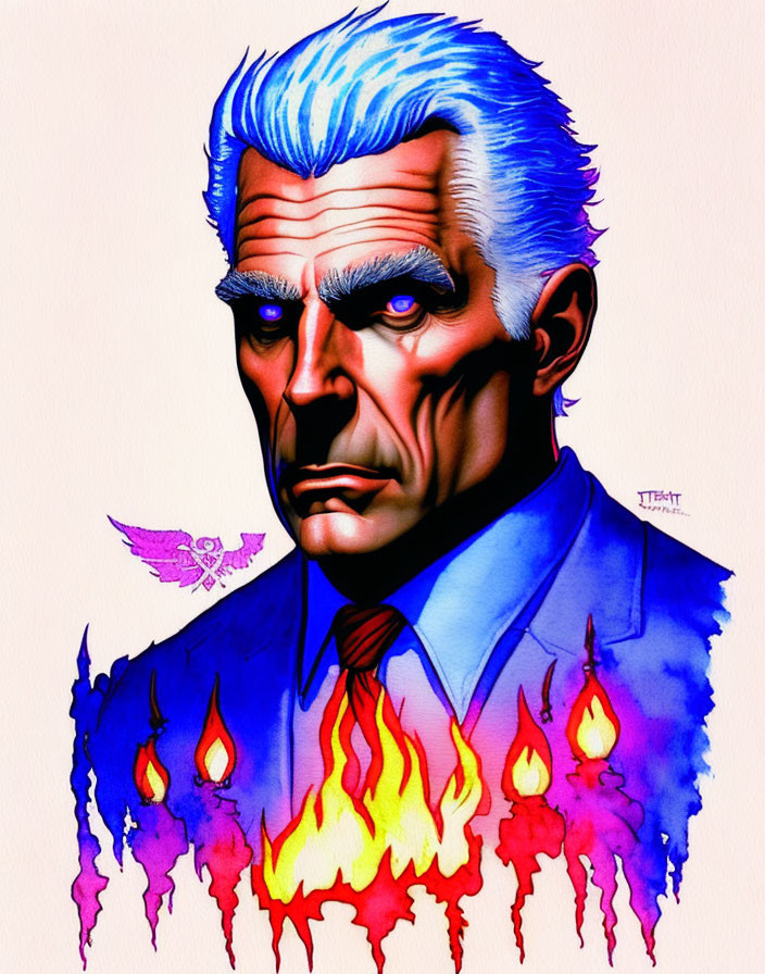 Detailed illustration of stern man in blue suit, white shirt, gray hair, transitioning into colorful, dripping