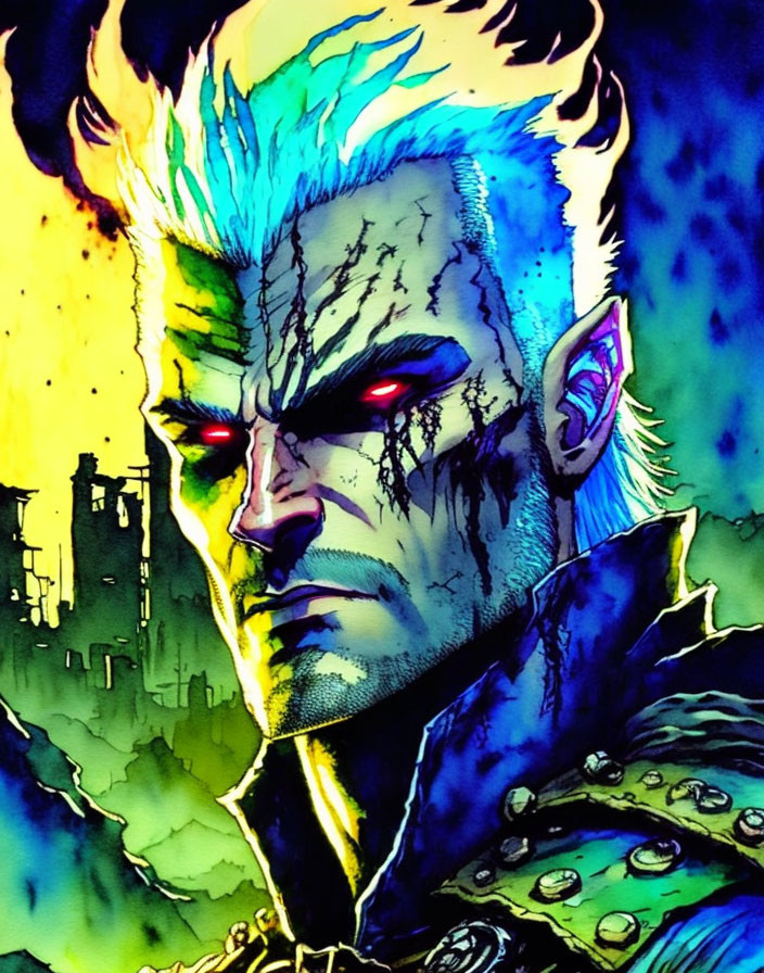 Character with blue skin, red eyes, white mohawk on yellow and green background