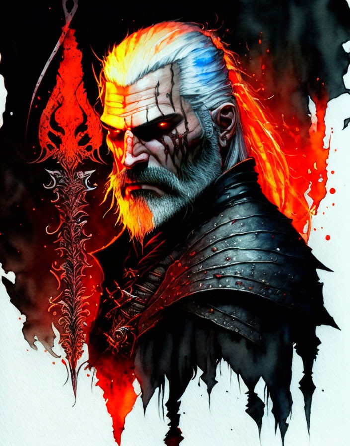 White-haired bearded man in black armor with red accents on abstract background